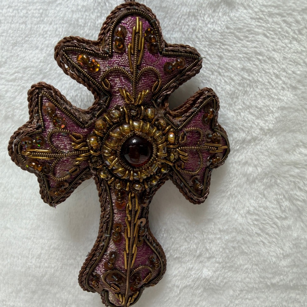 Ornate Hand Beaded Cross Ornament Purple Mauve Gold Metallic Sequin Embroidered